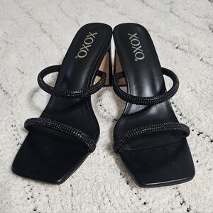 XOXO Verena Black Rhinestone Double-Strap Square-Toe Heeled Sandals